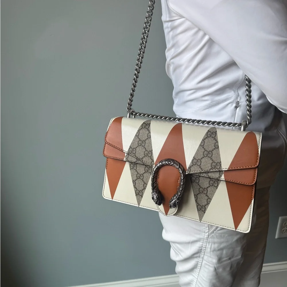 Gucci GG Dionysus Rhombus Print Shoulder Bag in Cream & Tan with Gray Accent - Picture 12 of 13